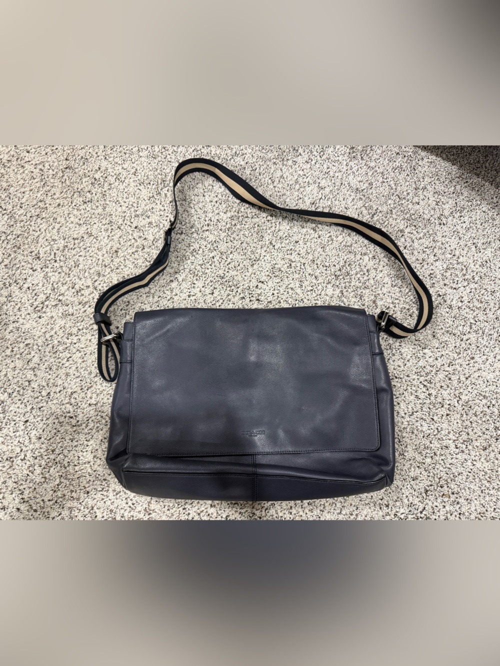 Coach Navy Leather Messenger Bag with Striped Shoulder Strap